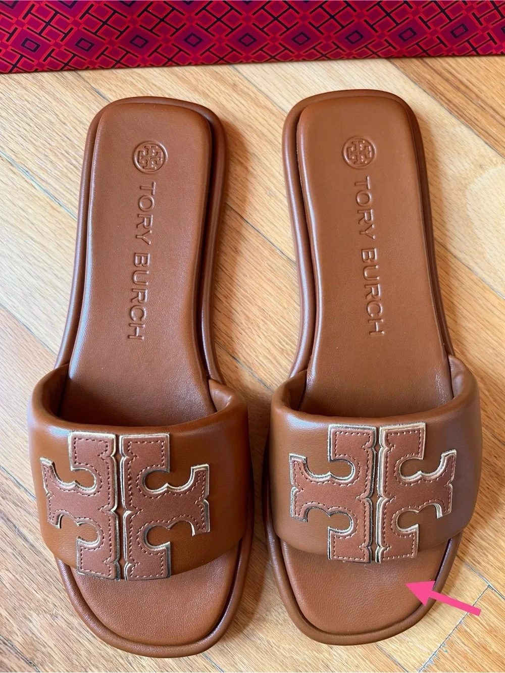 Tory Burch Tan Miele & Gold Leather Double T Sport Slide Sandals
